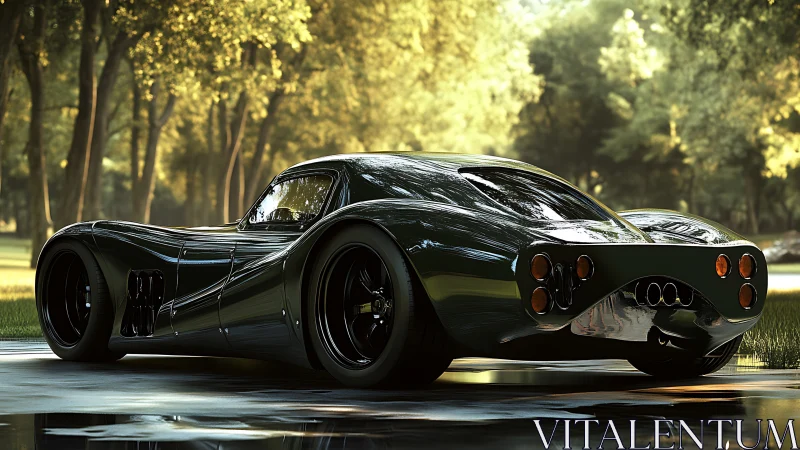 Retro supercar concept glows under soft forest sunlight.