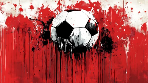 Bold soccer ball bursts through red splattered paint energy