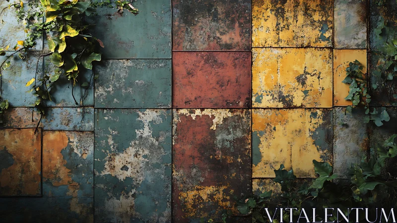 Weathered multicolor metal panels with scattered green foliage.