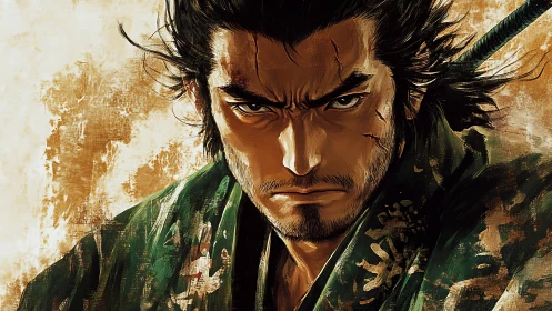 Intense samurai warrior portrait in textured digital art.