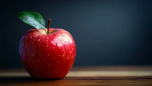 Macro-lit red apple with surface droplets on wood tabletop.