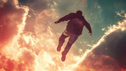 Figure suspended in glowing sky over dramatic clouds.