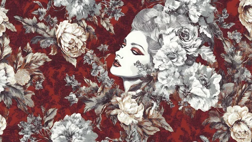 Baroque-inspired female portrait immersed in floral etching.