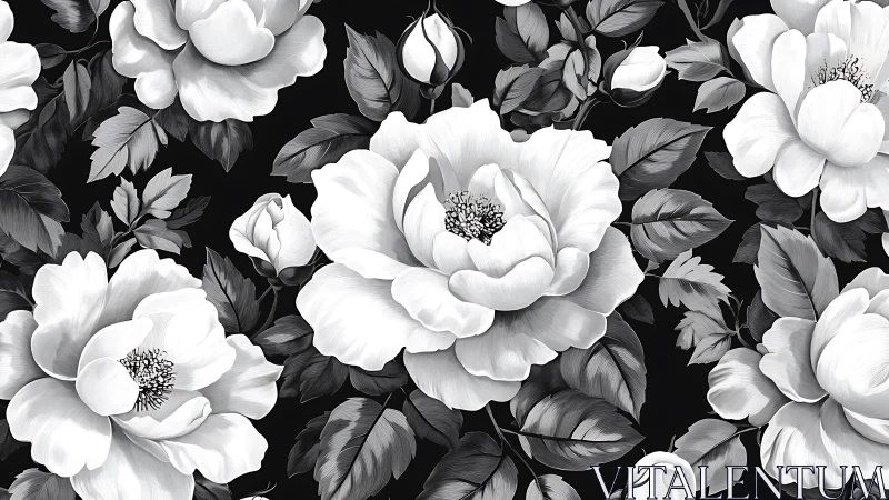 Grayscale floral composition depicting white peonies with detailed stamen and dark foliage