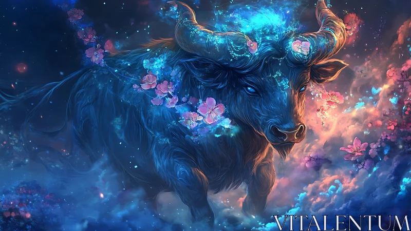 Starforged blossom bull crossing a nebula of midnight petals.