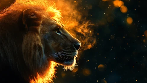 Majestic lion portrait glows against embers in the dark night