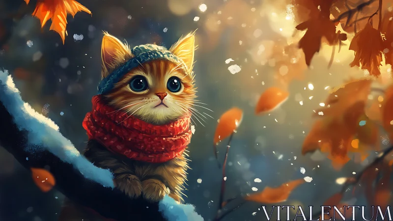 Adorable Cat in Winter Scarf Among Autumn Leaves and Snow
