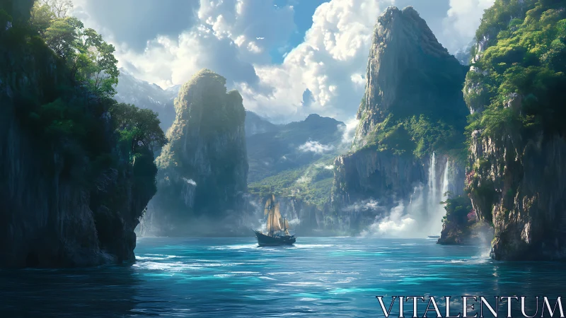 Towering Cliffs Frame a Sailboat in Turquoise Lagoon
