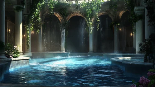 Sunlit marble pool shimmers beneath cascading vines.