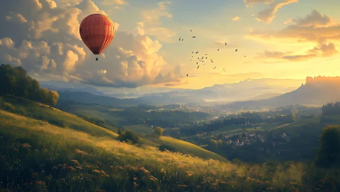 Red hot air balloon above sunlit valley and distant mountains