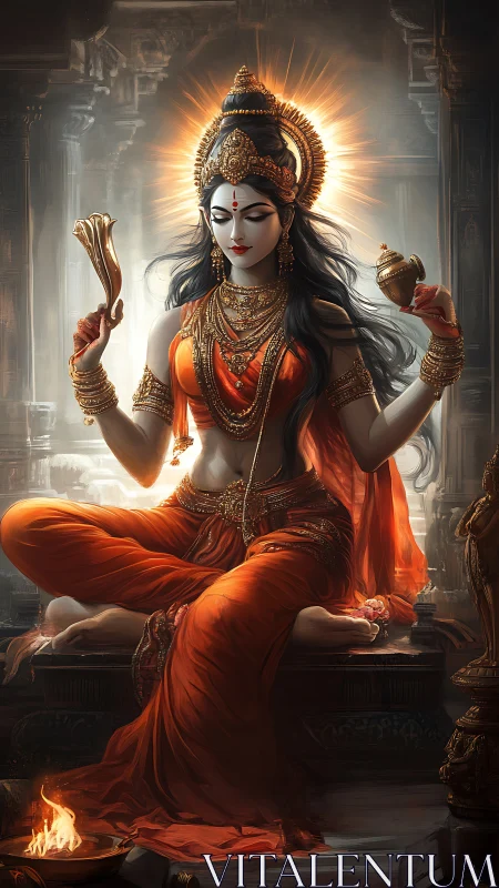 Divine woman in orange robes seated in radiant temple setting.