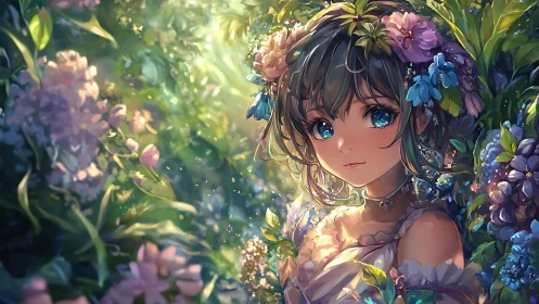 Floral fantasy portrait of blue-eyed girl in glowing garden.