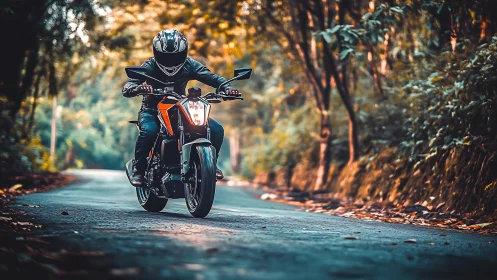 Motorcyclist carving through forest road in cinematic light.