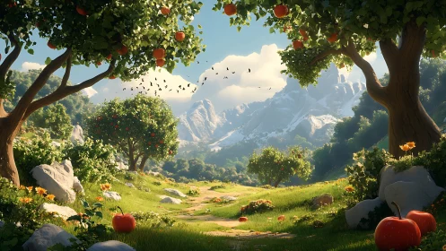 Sunlit apple trail winding toward whispering snow peaks.