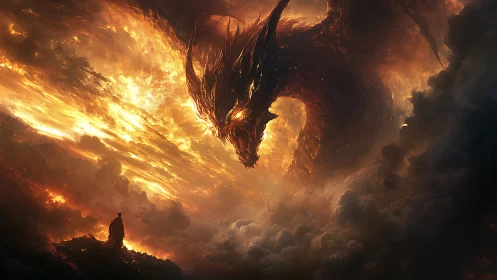 Stormlit dragon curls through burning clouds to judge a wanderer