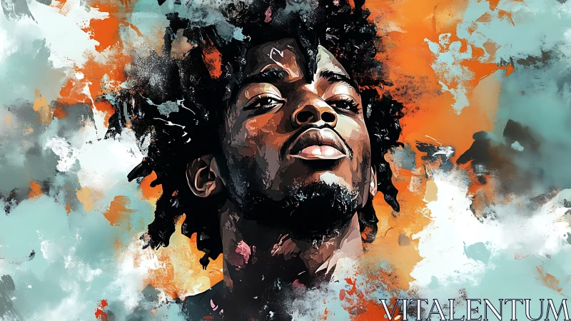 Paint-splashed sky crowns a proud, upward-gazing portrait