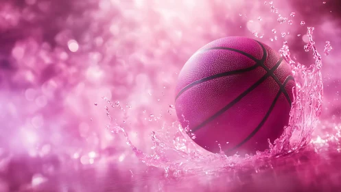 Vibrant magenta basketball impacts liquid surface in dynamic splash