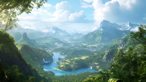 Dreamy river valley cradled by bright mountains and sky.