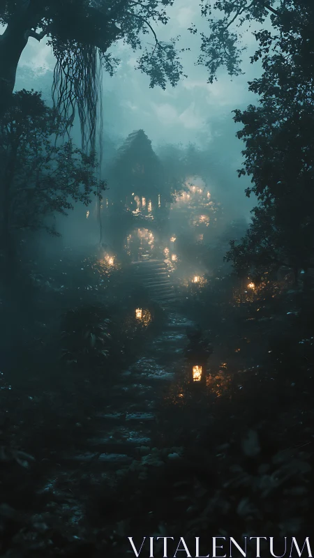 Mystical Forest Structure Glowing Through Fog and Trees.