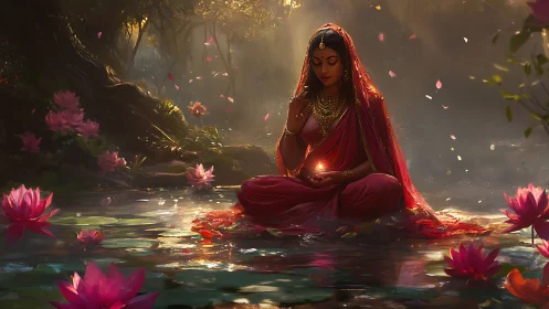 Digital painting of meditative goddess amid lotus pool chiaroscuro.