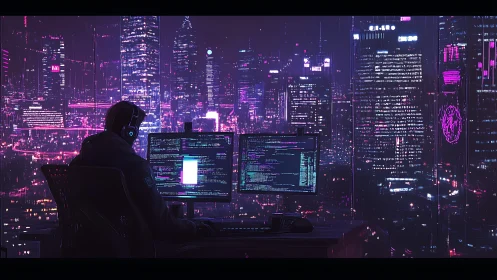 Neon night coder weaving secrets above the cyber city.