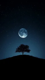 Moon pauses above a lone hilltree in quiet cosmic balance