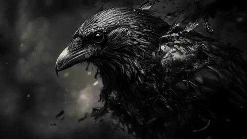 Midnight raven dissolves into drifting shards of shadow