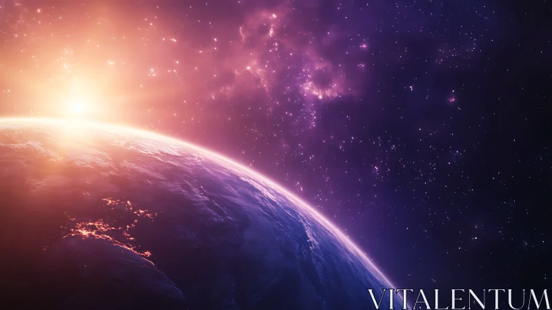 Solar dawn ignites Earth&rsquo;s rim beneath a violet starfield.