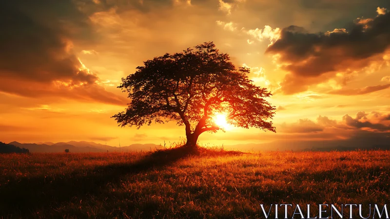 Golden sunset gently wraps a solitary tree in warm light