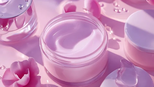 Silky pink cosmetic cream in glass jar with soft gloss lighting.