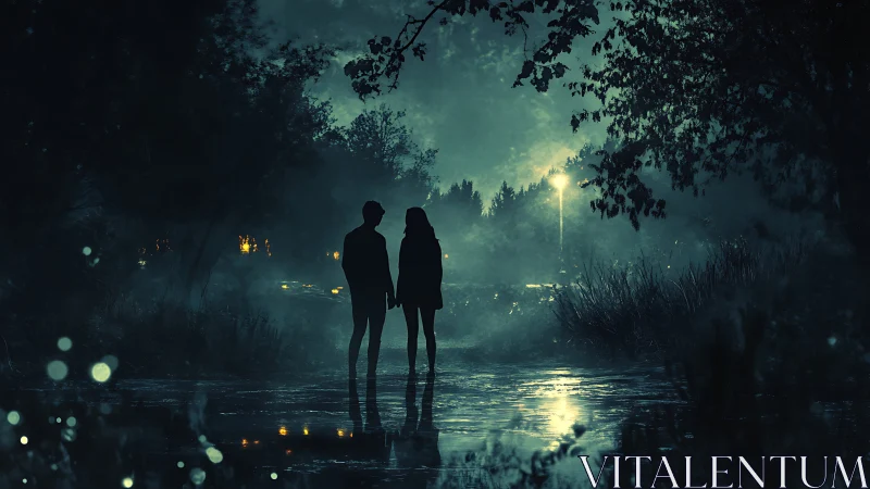 Silhouetted couple on misty path beneath emerald nightscape.