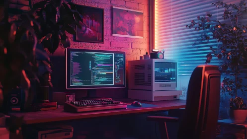Cozy neon coding desk glowing with retro-futurist calm.