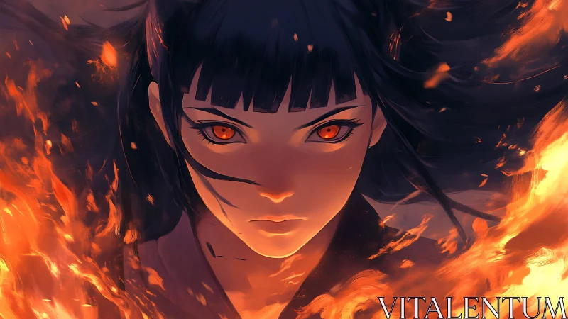 Intense anime girl portrait framed by swirling fire.