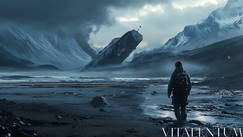 Lone wanderer before crashed starship in frozen valley.