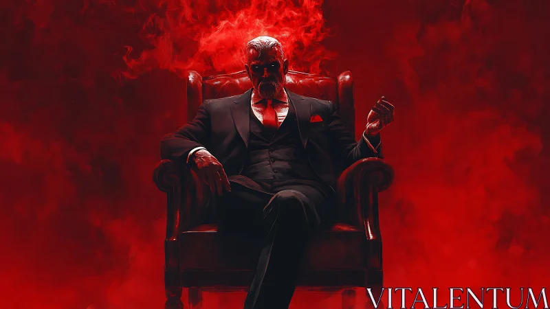 Demonic king in tailored suit rules from burning crimson throne