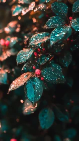 Macro shot isolates rain-soaked leaves with teal and orange bokeh