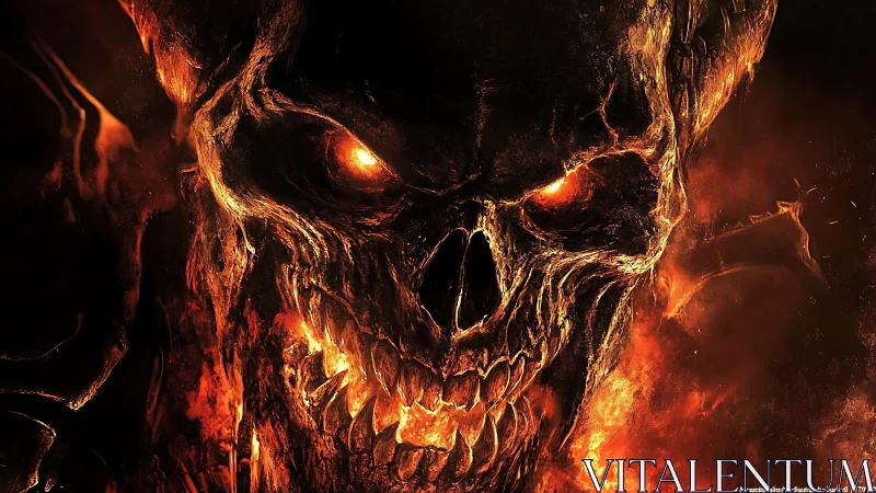 Infernal horned skull grinning through volcanic darkness.