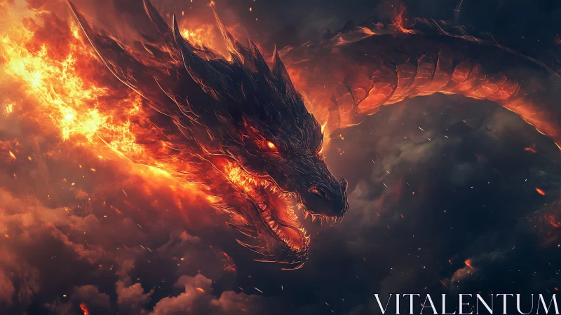Infernal dragon lunges through storm-darkened volcanic skies