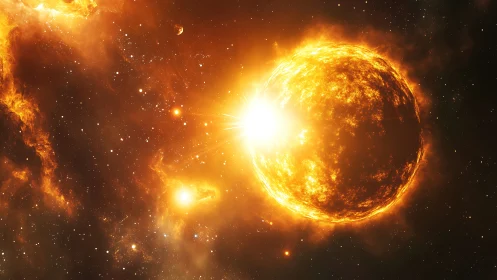 Blazing star ignites a golden tempest in deep cosmic night.