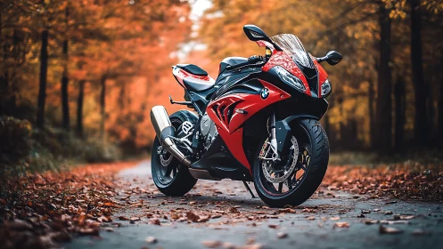 Autumn road sentinel: red superbike idling in ember leaves.