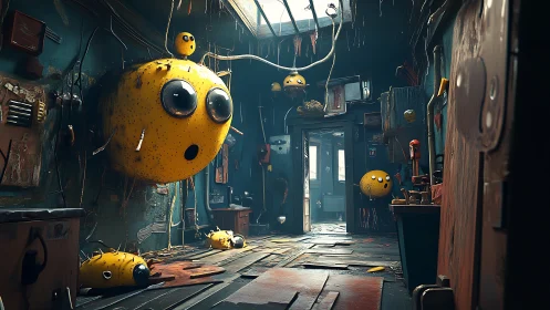 Anthropomorphic yellow orbs invade a decayed corridor interior