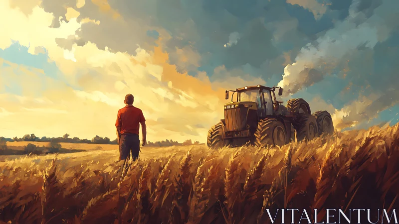 Golden field sunset with farmer and tractor in quiet harmony.
