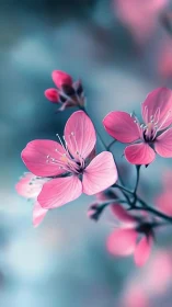 Pink Cherry Blossoms Dance in Dreamy Blue Softness