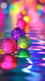 Luminous glass spheres over neon reflections on water surface.