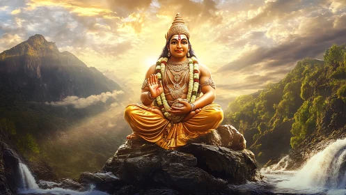 Golden seated deity amid waterfalls and misty mountains.