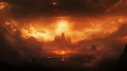 Fiery apocalyptic landscape with glowing central vortex