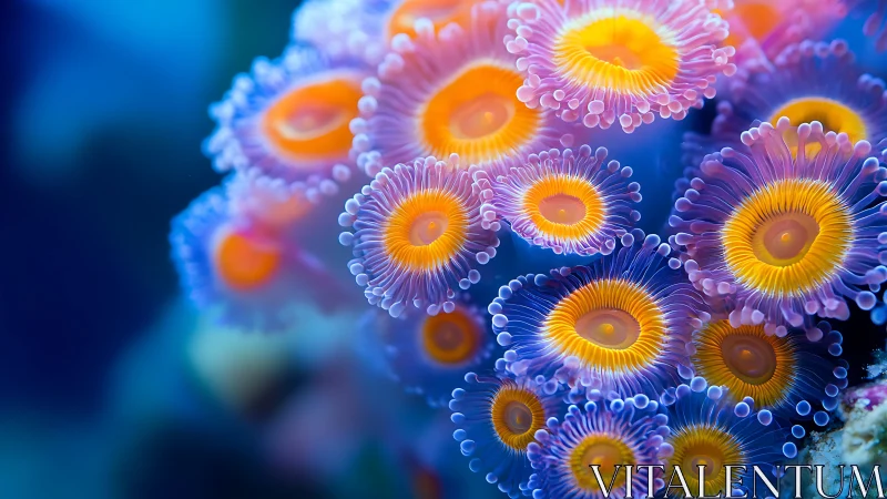 Close macro view of colorful marine coral polyps cluster.