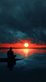 Solitary figure watches burning red sunset over calm sea