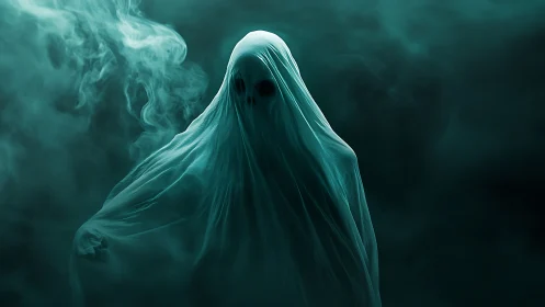 Silken ghost drifts through teal fog, quietly haunting void