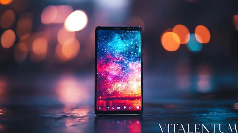 Smartphone displays gradient particle light effect wallpaper.